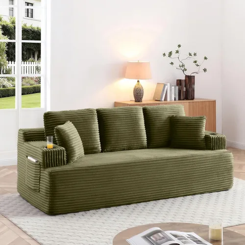 Miniatura 30 de Sofá sin hueso de 66.5 pulgadas con portavasos y bolsillos laterales, sofá biplaza tapizado de tela de pana moderna con 2 almohadas para sala