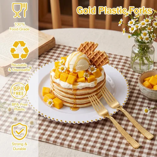 Miniatura 2 de Supernal 300 tenedores de plástico dorado, tenedores martillados desechables, cubiertos pesados de primera calidad pulidos, perfectos para fiestas