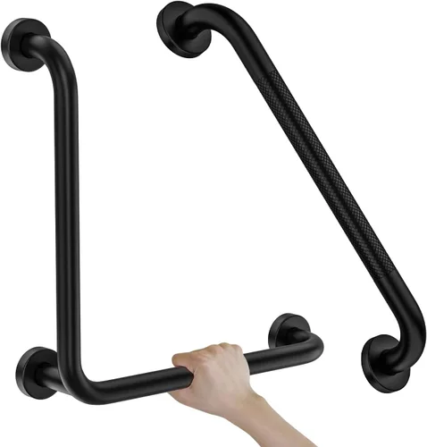 Miniatura 13 de Barra de sujeción en forma de L de cromo pulido de 12x24 pulgadas + pasamanos de ducha estriado de 20 pulgadas, barra de seguridad para inodoro