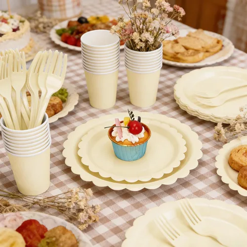 Miniatura 4 de 200 platos y servilletas de papel marfil, de 9 y 7 pulgadas, platos de fiesta desechables de color crema festoneado, tazas, servilletas, tenedores