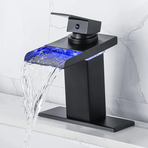 Grifo LED para Lavabo de Baño - Negro Mate de Un Solo Agujero o Centerset de 4 Pulgadas Grifo de Cascada con Boquilla de Acero Inoxidable y Luces