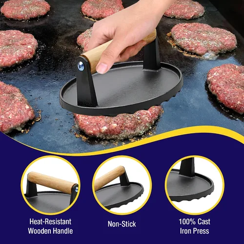 Miniatura 3 de Grillers Choice Prensa de tocino y prensa para parrilla de 2 piezas, prensa de carne de hierro fundido duradera, trituradora de hamburguesas