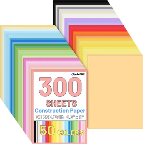 Papel de construcción de 50 colores, 300 unidades, papel de color a granel de 8.5 x 11 pulgadas para manualidades, cartulina gruesa de 80 GSM para
