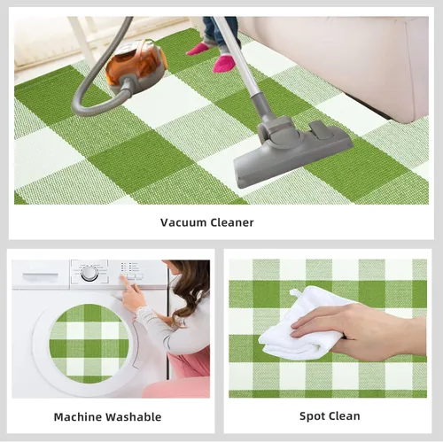 Miniatura 3 de Tapete verde y blanco para puerta delantera 24"x35", alfombra de porche delantero a cuadros búfalo, algodón tejido, lavable a máquina, reversible