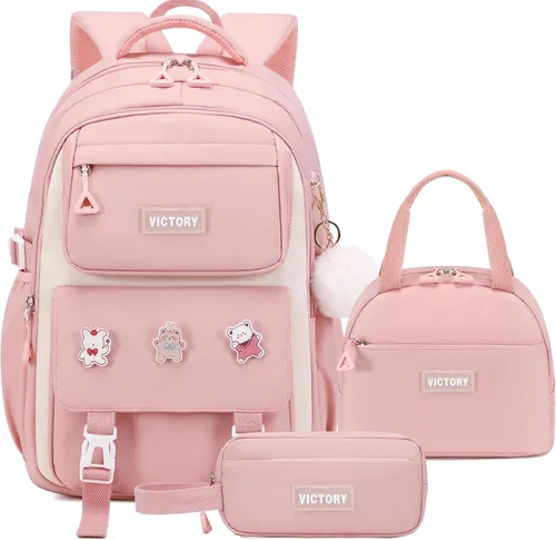 Miniatura 15 de AO ALI VICTORY Mochila para mujeres y niñas, conjunto con estuche para lápices de 15.6 pulgadas, mochila escolar para computadora portátil, mochila