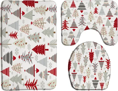 GCTNBJL Juego de 3 alfombrillas de baño para árbol de Navidad, diseño de copo de nieve, rojo, gris, dibujos animados, invierno, vacaciones, baño,