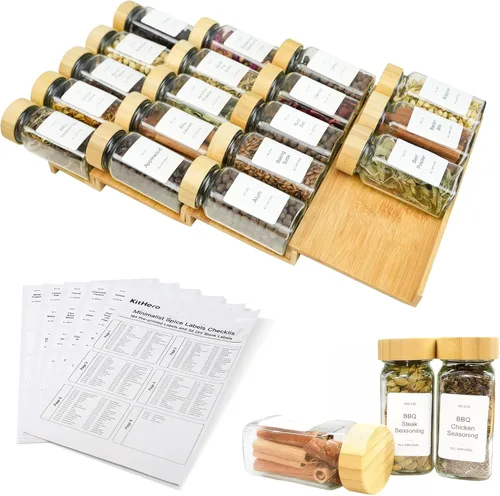 Organizador de cajones de especias con 18 tarros de especias con tapa de bambú, 216 etiquetas, 50 gomas antideslizantes, bandeja de condimentos de