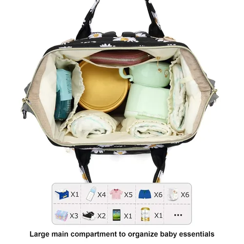Miniatura 4 de Mochila de pañales con diseño floral para bebés, niñas y niños, bolsas de pañales para mamá con flores para mujeres (color negro margarita)