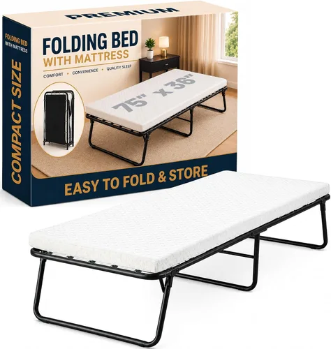 Greaton, 14″ High Folding Guest Bed with 3″ Memory Foam Mattress – Sturdy Metal Frame, Easy Access for Seniors, Underbed Storage, Comfortable Bed