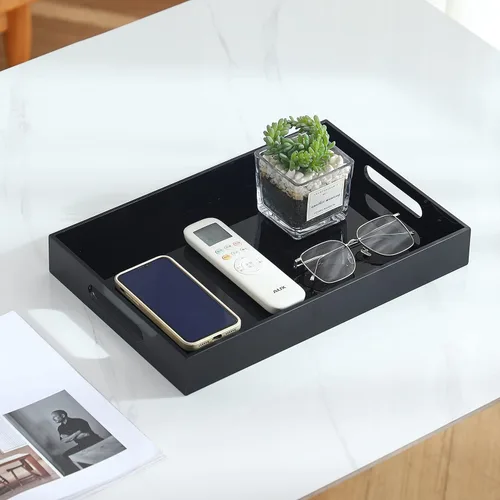 Miniatura 4 de Bandeja acrílica negra de gran tamaño con asas, 10 x 15 pulgadas, a prueba de derrames, bandejas decorativas para encimera para otomana, mesita