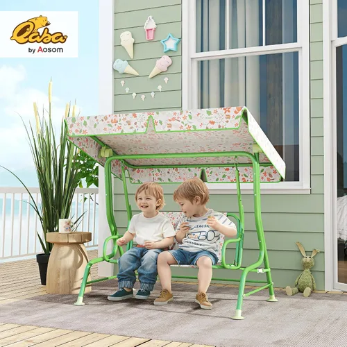Miniatura 2 de Qaba Columpio de patio para niños, 2 plazas para porche al aire libre con toldo ajustable, cinturón de seguridad, banco colgante con patrón de zorro