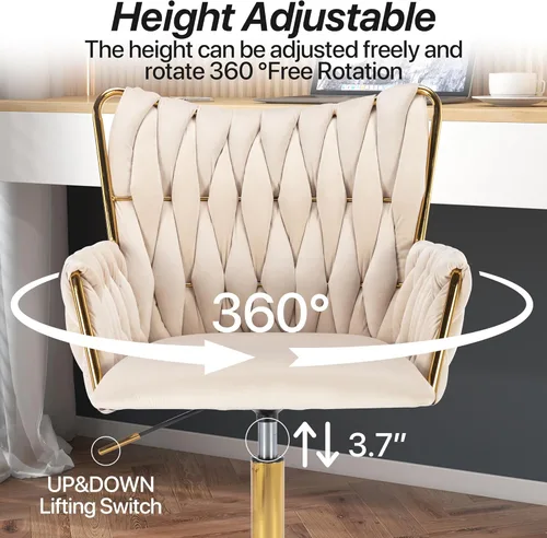 Miniatura 4 de KCC Silla Moderna de Terciopelo para Oficina en Casa con Respaldo Tejido a Mano, Silla Tapizada Ajustable para Maquillaje con Reposabrazos y Base
