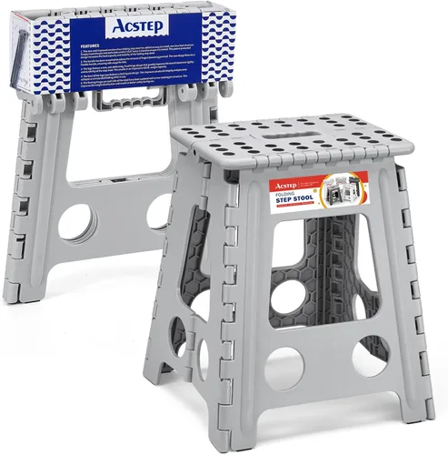 Miniatura 18 de ACSTEP Taburete plegable para adultos de 11 pulgadas de altura, taburete de plástico ligero plegable con capacidad de hasta 300 lbs, taburete Negro