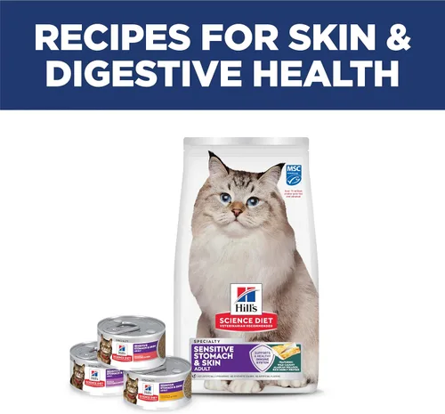 Miniatura 11 de Hill's Science Diet Alimento seco para gatos adultos con estómago y piel sensible, comida de abadejo y receta de cebada, bolsa de 6 libras