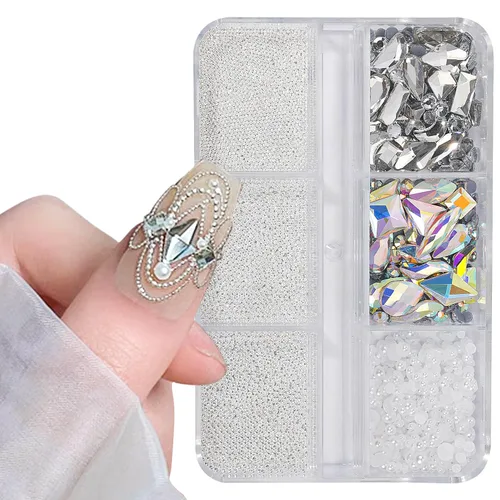 Miniatura 9 de Dijes 3D para arte de uñas, oro rosa, cuentas de micro caviar, diamantes de imitación para uñas acrílicas, tamaño mixto, diamantes de imitación AB