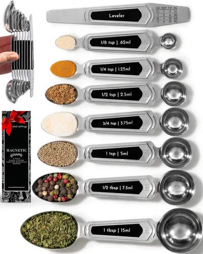 Juego de cucharas medidoras magnéticas de acero inoxidable - Juego de 8 piezas de metal resistente, libres de BPA, apilables, cucharas medidoras de