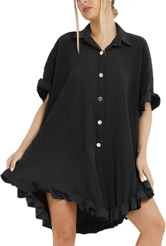 Vigorics Vestidos de vacaciones para mujer, vestido tipo túnica con volantes, con botones, holgado, con vuelo, casual, talla única