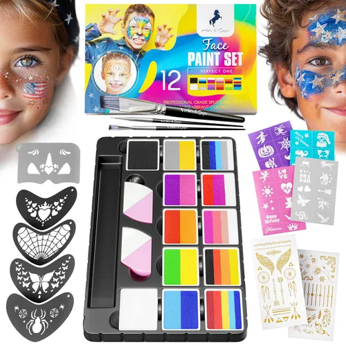 Miniatura 10 de Kit de pintura facial para niños, 20 colores lavables, sin manchas, pinturas de más de 60 caras, tiza para el cabello, purpurina, pinceles