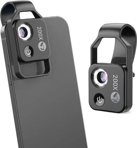 Diyeeni Microscopios de bolsillo para teléfono, 200X Zoom Clip en Microscopios Lupa con lente CPL y luz LED, lente microscópica portátil para
