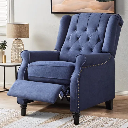Bonzy Home Sillón reclinable orejero de empuje hacia atrás, sillón tapizado de respaldo alto con patas de madera maciza, decoración con remaches,