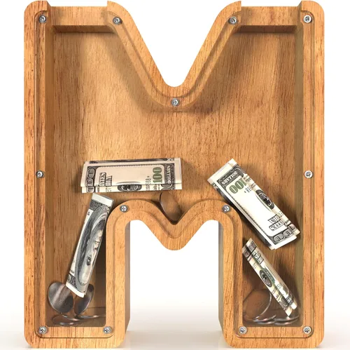 Miniatura 96 de Alcancía para niños y niñas, alcancía grande de madera personalizada con diseño recortado, bancos de monedas con letras del alfabeto, caja de ahorro