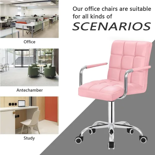 Miniatura 6 de JUMMICO Silla moderna de escritorio de oficina y tocador, silla enrollable con respaldo medio con ruedas, piel sintética, bonita para oficina