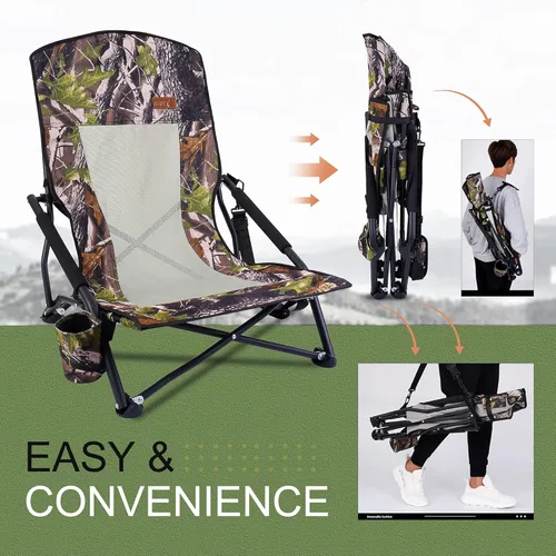 Miniatura 6 de Nice C Silla de caza, sillas bajas de campamento, silla de puntal de caza de pavo, mochila plegable con soporte para tazas y correa de transporte