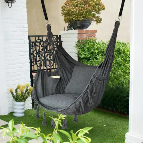 Miniatura 4 de Halalona Silla hamaca colgante de cuerda con 2 cojines y kits de herramientas, resistente y duradero, suave algodón tejido a mano, silla colgante