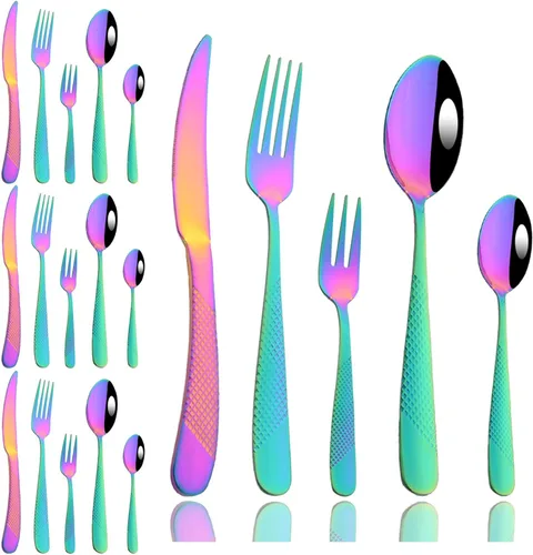 JASHII Rainbow - Juego de cubiertos martillados, 20 piezas de utensilios de cocina de acero inoxidable de alta calidad, para 4, incluye tenedor y