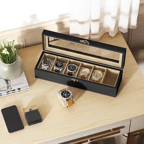 Miniatura 2 de SRIWATANA Caja de reloj organizadora de 6 ranuras para hombres y mujeres, exhibición de madera con tapa de vidrio, regalos para seres queridos