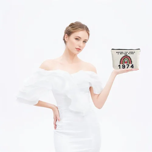 Miniatura 5 de Bolsas de maquillaje para cumpleaños número 50 para mujer, lavado de doble cara, impermeable, de lino, bolsa de viaje para cosméticos, bolsa