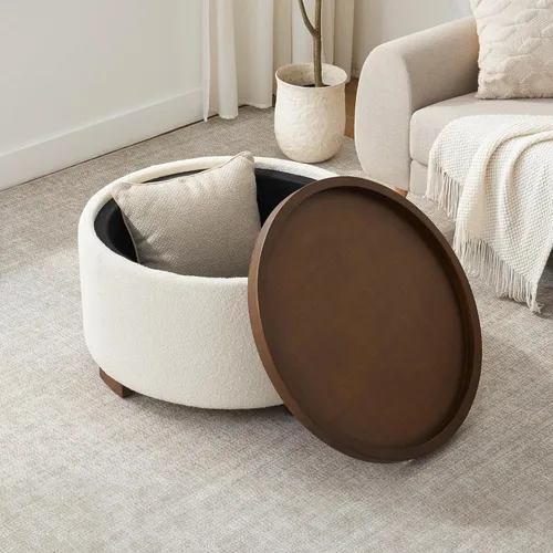 Miniatura 8 de Zihanhome Mesa de Centro Otomana de Almacenamiento Redonda de 30 Pulgadas, Otomana Boucle Moderna con Tapa Desmontable y Patas de Madera Maciza