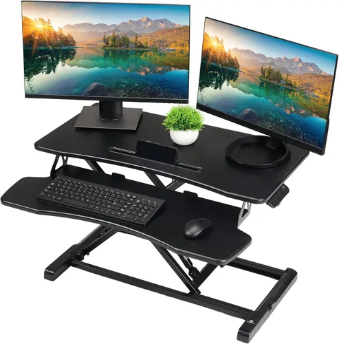 Miniatura 4 de TechOrbits - Convertidor de escritorio de pie, regulable, para sentarse y pararse, madera de fibropanel de densidad media, bandeja para teclado