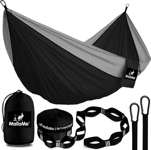 Miniatura 12 de Hamaca MalloMe para una o dos personas, para camping, set de hamaca colgante con 3 correas para árbol, hecha de nailon, es ligera, capacidad para 2