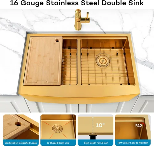 Miniatura 3 de Fregadero dorado de 33 x 20 pulgadas, fregadero de cocina dorado con doble tazón, fregadero de estación de trabajo de granja frontal de 33 pulgadas