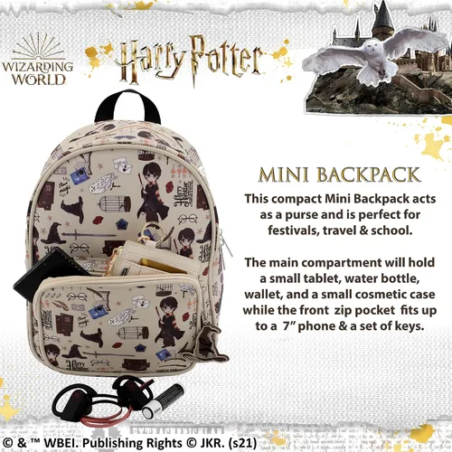 Miniatura 5 de Harry Potter Wizarding World Magic Mini mochila con estampado de iconos Hogwarts Allover de 10.5 pulgadas, correas ajustables, piel sintética