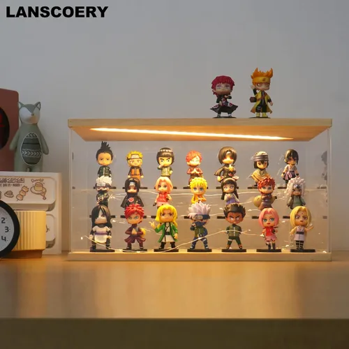 Miniatura 7 de LANSCOERY Vitrina de exhibición de acrílico con luz LED, caja de exhibición de 3 niveles para coleccionables y figuras de acción, organizador Madera