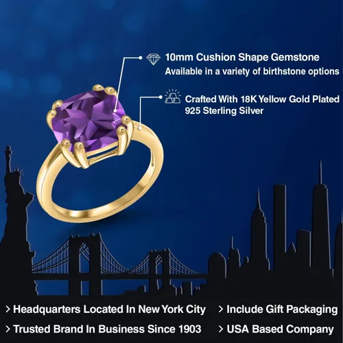 Miniatura 2 de Gem Stone King 3-5 Cttw Gemstone Birthstone Double Prong Solitaire Ring for Women 18K Yellow Gold Plated Silver Cushion 10MM Anniversary