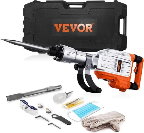 VEVOR - Martillo eléctrico para demolición, de 3,500 W máximo y 1,900 BPM, con 2 cinceles, estuche, guantes y mango delantero giratorio de 360° para