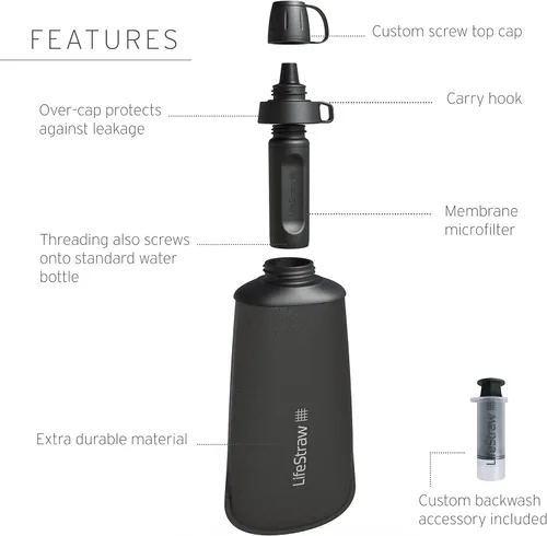 Miniatura 2 de LifeStraw Filtro de agua Peak Series, 1 litro, gris montaña oscuro, protege contra bacterias y parásitos, ultracompacto y versátil