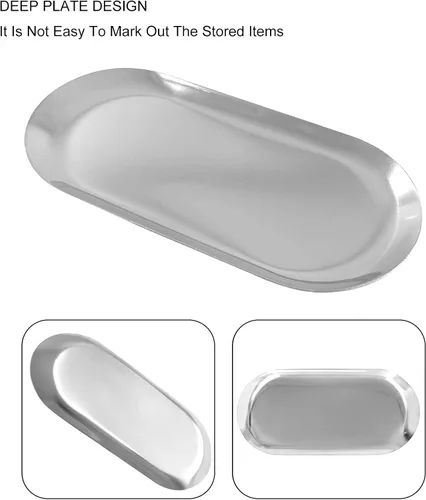 Miniatura 4 de Hitefu Paquete de 2 bandejas decorativas de acero inoxidable, 7 pulgadas de largo, bandeja de almacenamiento de joyas, organizador de cosméticos