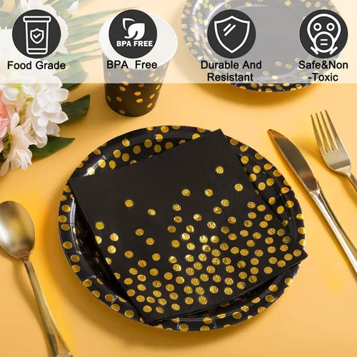Miniatura 5 de 175 piezas de suministros de fiesta negros y dorados, lunares dorados en platos de papel negro, servilletas y vasos, cubiertos de plástico dorado