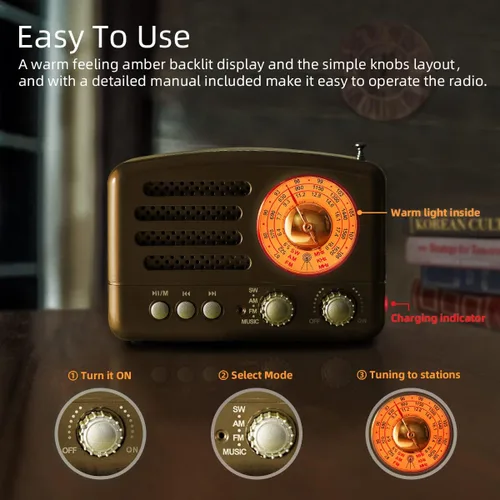 Miniatura 5 de Radio PRUNUS J-160 Retro Vintage AM FM con Bluetooth, Regalos para Papá y Mamá, Reproducción USB/Tarjeta TF, Pequeñas Radios Transistores Operadas