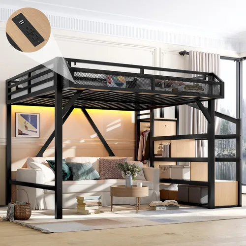 Miniatura 11 de SOFTSEA Cama alta individual XL con escaleras y almacenamiento, marco de cama de metal con puertos USB y luces LED, cama alta resistente con armario