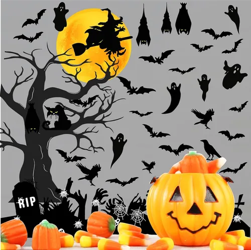 Barri Design Calcomanías de pared de murciélago de Halloween, árbol de luna, bruja, calcomanías de pared extraíbles para Halloween, calcomanías de