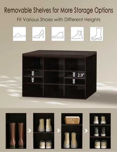 Miniatura 4 de DINZI LVJ Banco para zapatos, organizador de zapatos de 9 compartimentos para entrada, banco de almacenamiento con cojín, estante para zapatos
