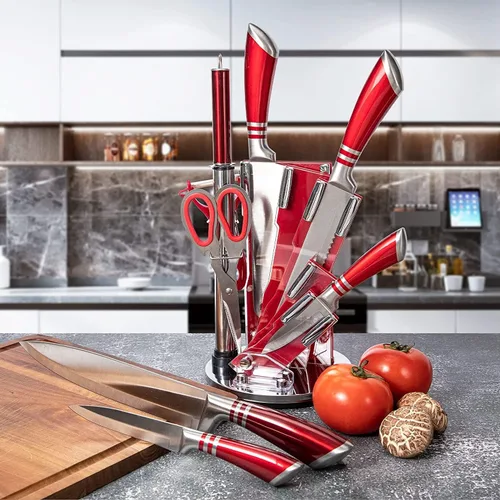 Miniatura 5 de Juego de cuchillos de cocina, juego de 9 cuchillos rojos con bloque acrílico, cuchillo de chef de acero inoxidable de alto carbono antiadherente