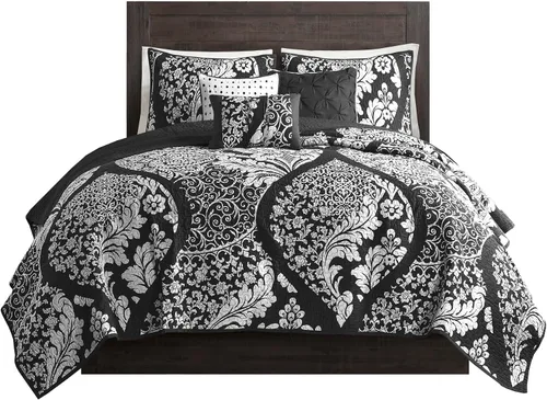 Miniatura 13 de Madison Park Vienna - Colcha reversible de algodón, diseño de costuras de lujo, para todas las estaciones, ropa de cama transpirable, fundas, Negro