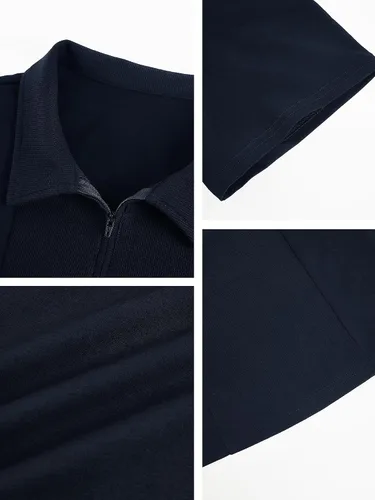 Miniatura 5 de Coutgo Camisas polo con cremallera para hombre, manga corta, a rayas, ajuste regular, cuello Fasion