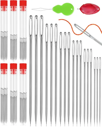 Miniatura 8 de FIVEIZERO 80/40 PCS agujas de coser de acero inoxidable premium, 7 tamaños de agujas afiladas de costura de ojo grande, aguja de cuero aguja de hilo